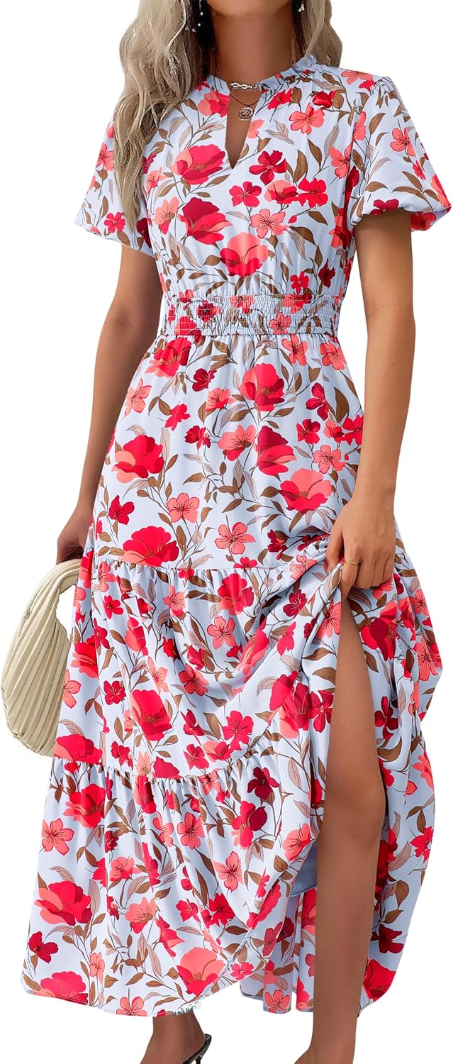 MASCOMODA Summer Maxi Dresses for Women 2026 Short Sleeve Long Floral Dress