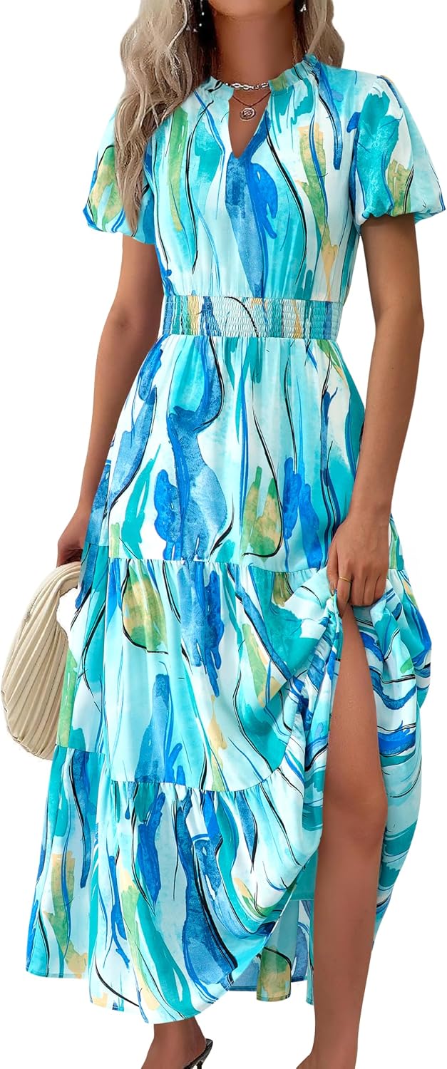 MASCOMODA Summer Maxi Dresses for Women 2026 Short Sleeve Long Floral Dress
