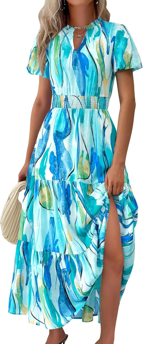 MASCOMODA Summer Maxi Dresses for Women 2026 Short Sleeve Long Floral Dress