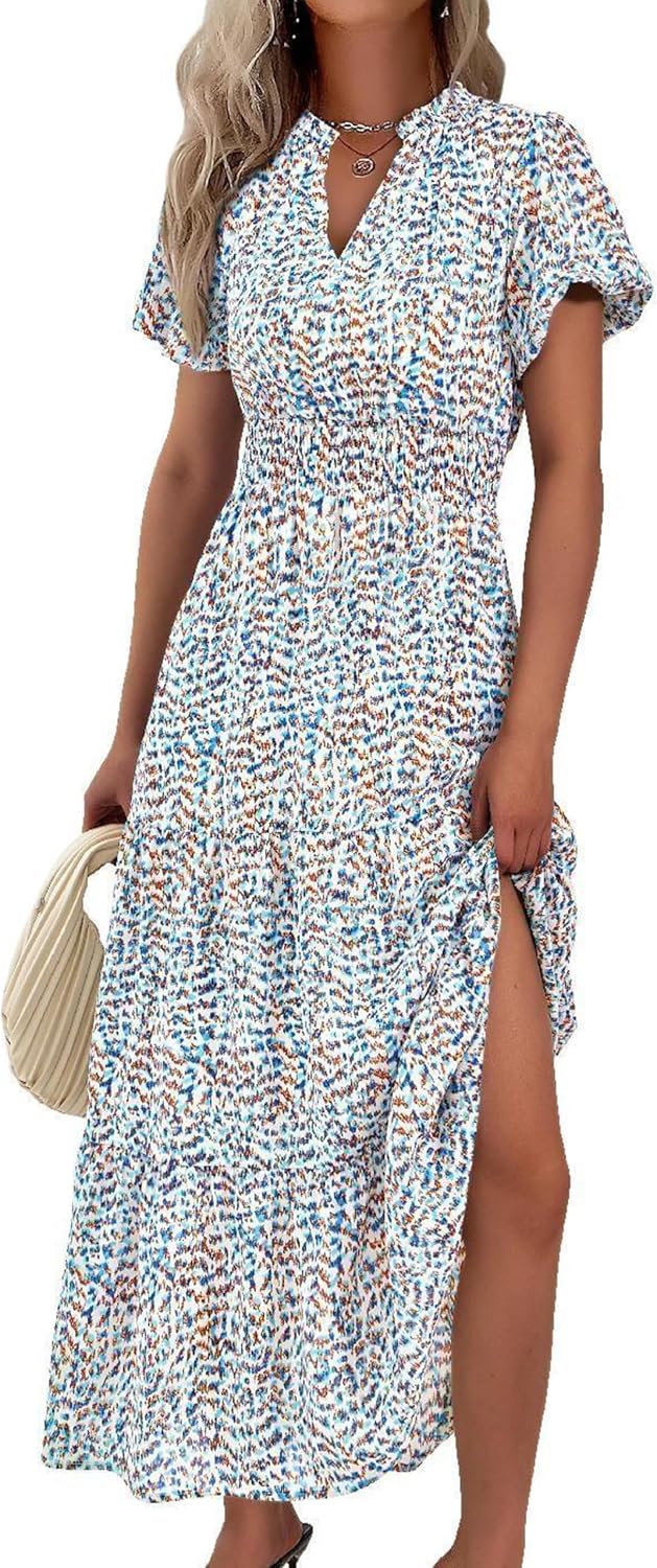 MASCOMODA Summer Maxi Dresses for Women 2026 Short Sleeve Long Floral Dress