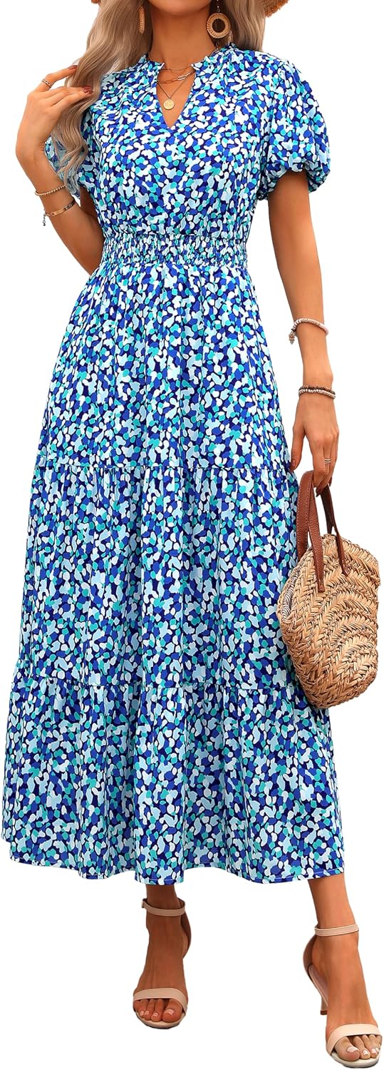 MASCOMODA Summer Maxi Dresses for Women 2026 Short Sleeve Long Floral Dress