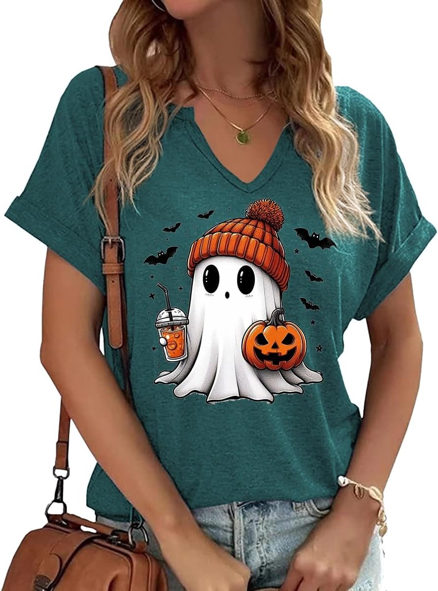 Earlymemb Women Fall Halloween Doodles V Neck Shirt Thanksgiving Casual Tee