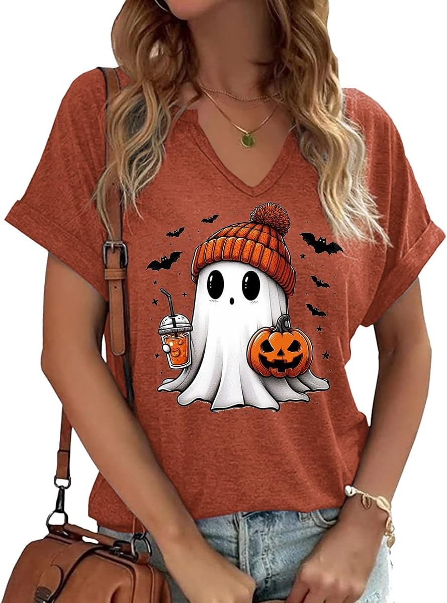Earlymemb Women Fall Halloween Doodles V Neck Shirt Thanksgiving Casual Tee