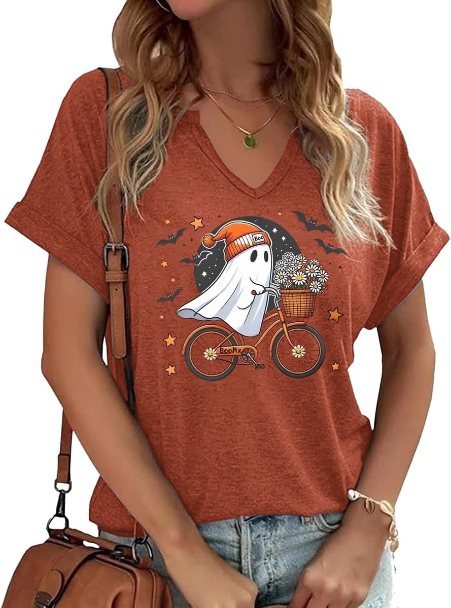 Earlymemb Women Fall Halloween Doodles V Neck Shirt Thanksgiving Casual Tee