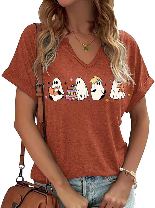 Earlymemb Women Fall Halloween Doodles V Neck Shirt Thanksgiving Casual Tee