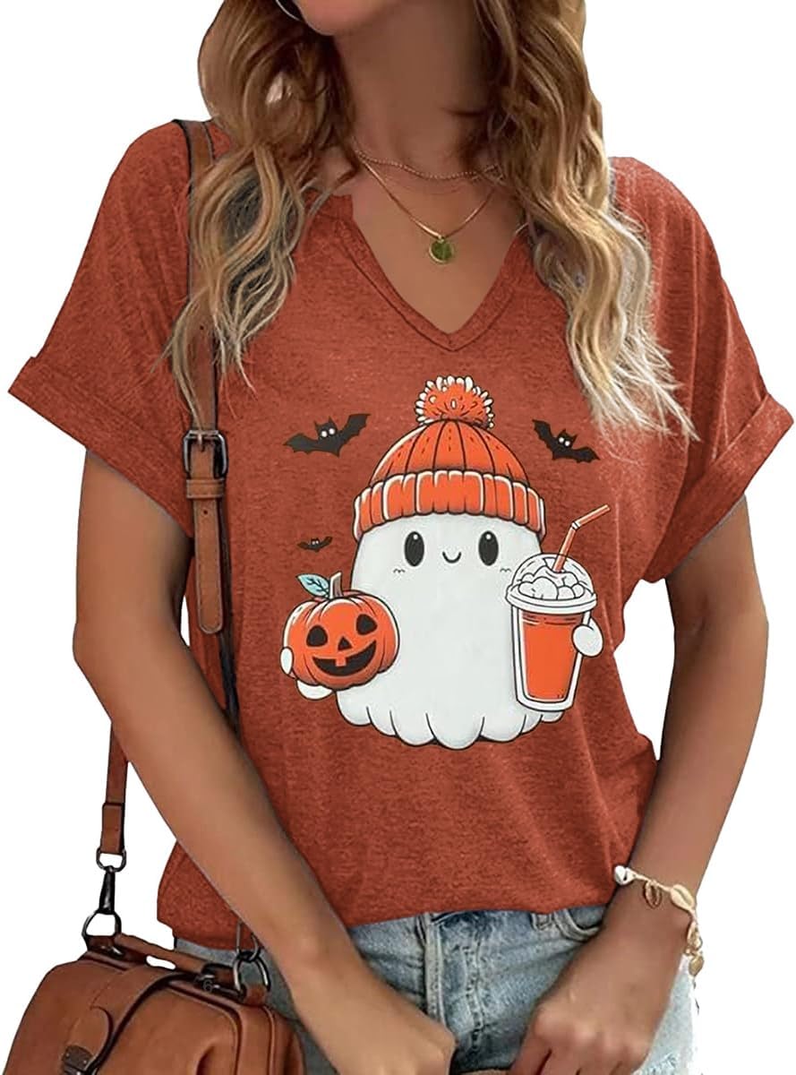 Earlymemb Women Fall Halloween Doodles V Neck Shirt Thanksgiving Casual Tee