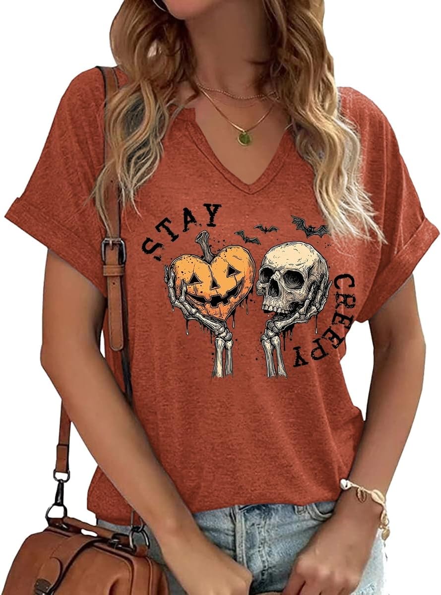 Earlymemb Women Fall Halloween Doodles V Neck Shirt Thanksgiving Casual Tee