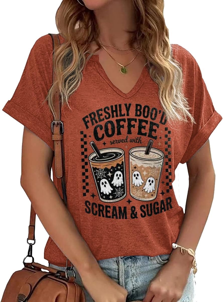 Earlymemb Women Fall Halloween Doodles V Neck Shirt Thanksgiving Casual Tee