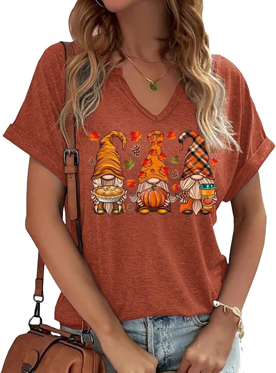 Earlymemb Women Fall Halloween Doodles V Neck Shirt Thanksgiving Casual Tee