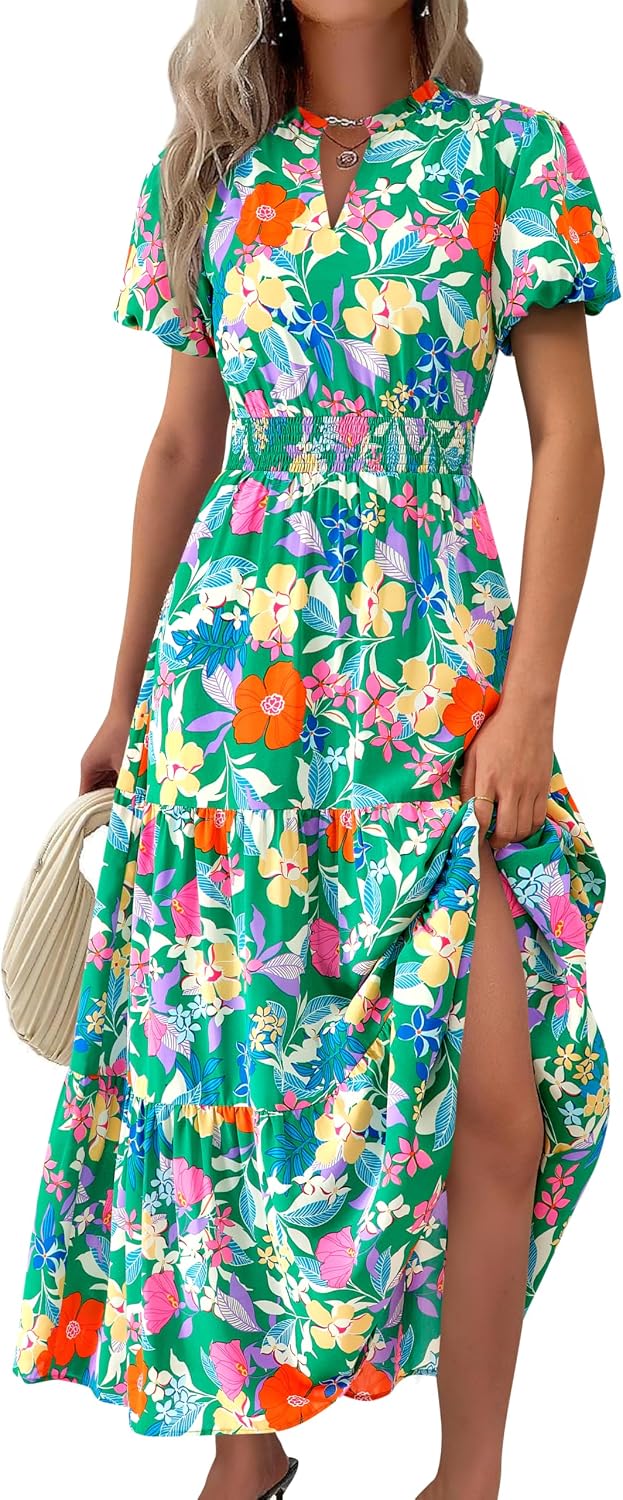MASCOMODA Summer Maxi Dresses for Women 2026 Short Sleeve Long Floral Dress