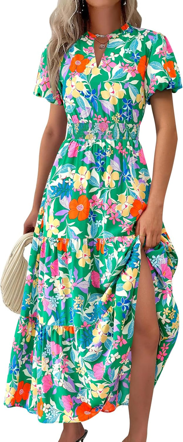 MASCOMODA Summer Maxi Dresses for Women 2026 Short Sleeve Long Floral Dress
