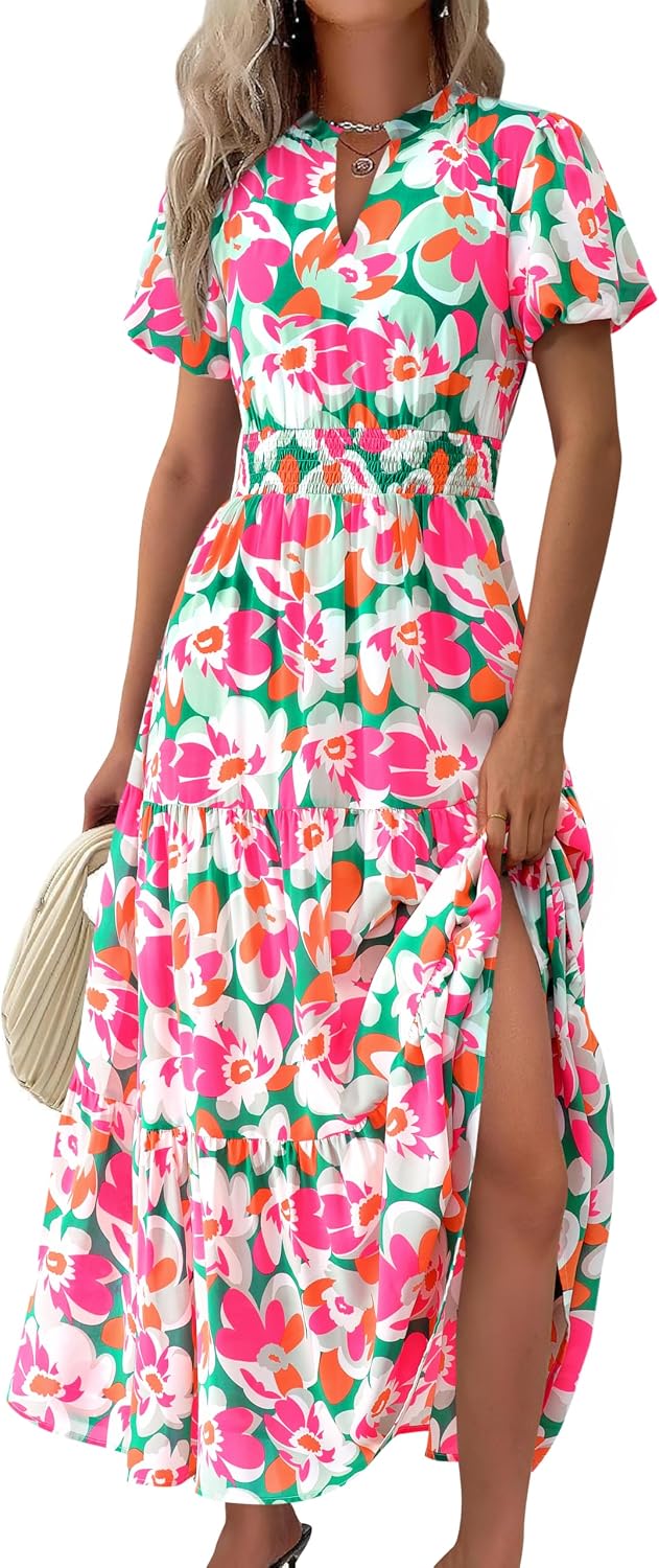 MASCOMODA Summer Maxi Dresses for Women 2026 Short Sleeve Long Floral Dress