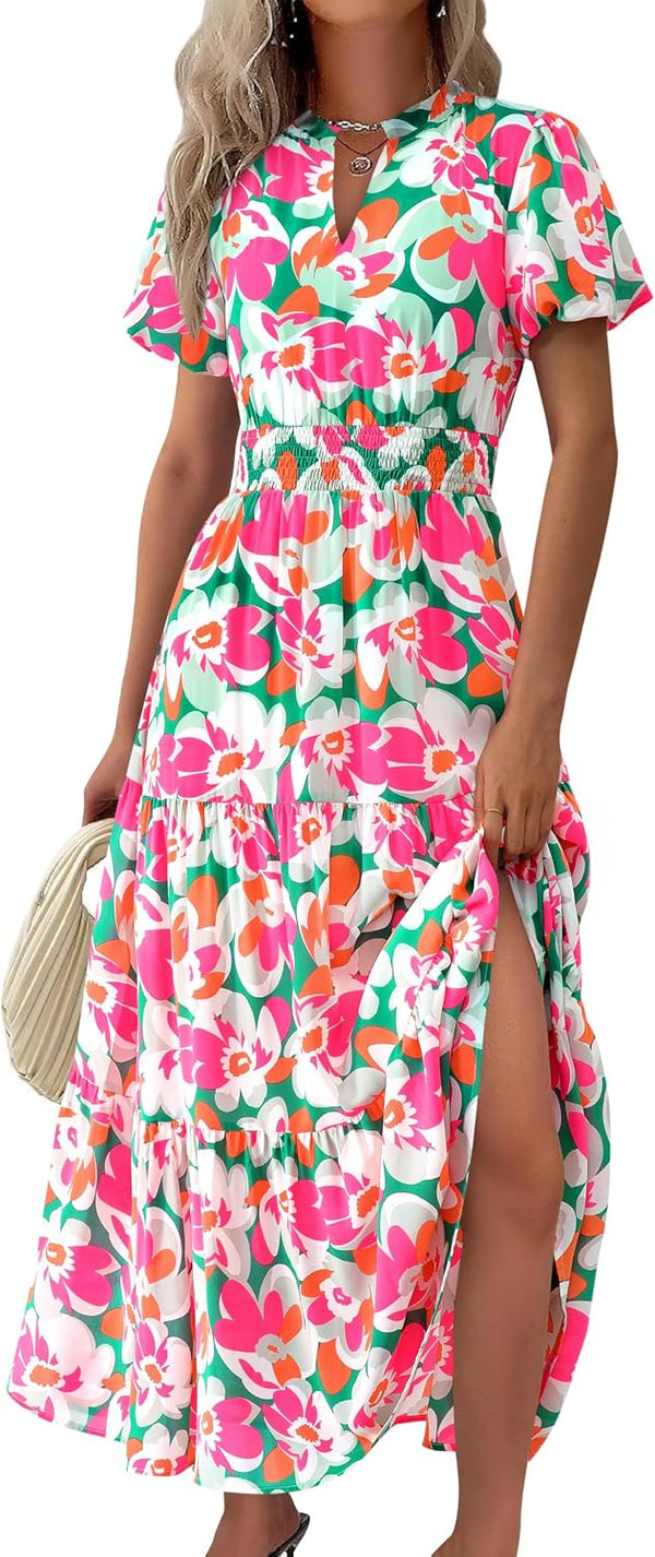 MASCOMODA Summer Maxi Dresses for Women 2026 Short Sleeve Long Floral Dress