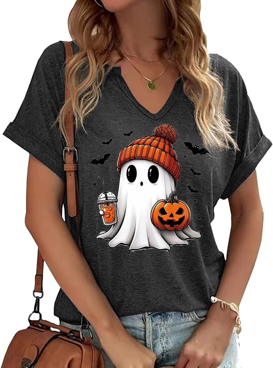 Earlymemb Women Fall Halloween Doodles V Neck Shirt Thanksgiving Casual Tee