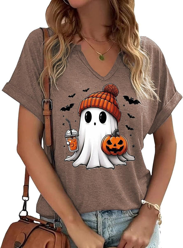 Earlymemb Women Fall Halloween Doodles V Neck Shirt Thanksgiving Casual Tee