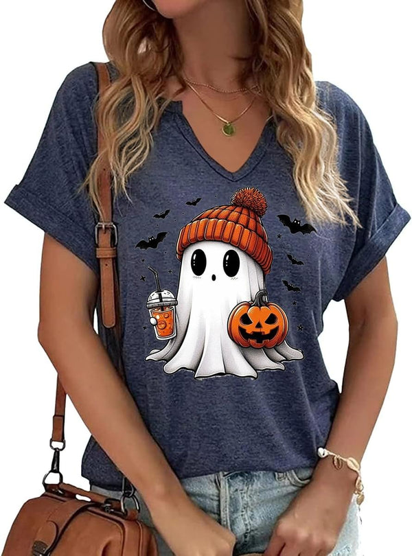 Earlymemb Women Fall Halloween Doodles V Neck Shirt Thanksgiving Casual Tee