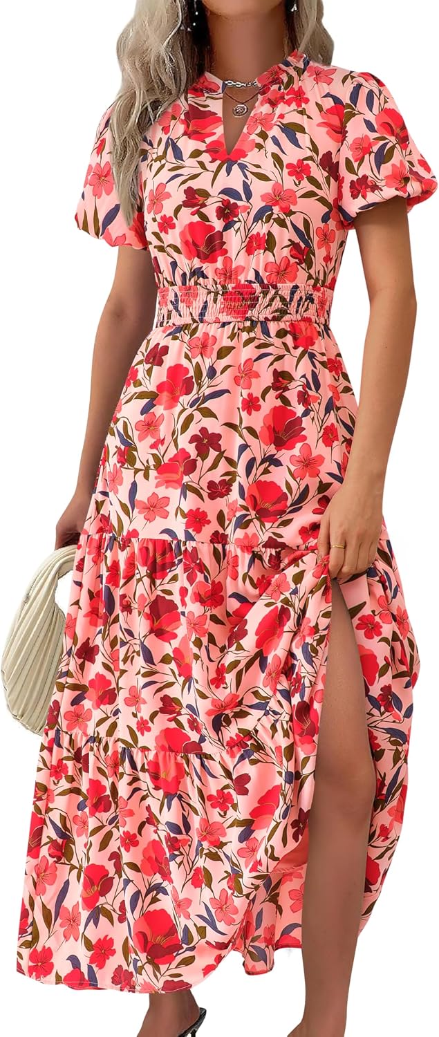 MASCOMODA Summer Maxi Dresses for Women 2026 Short Sleeve Long Floral Dress