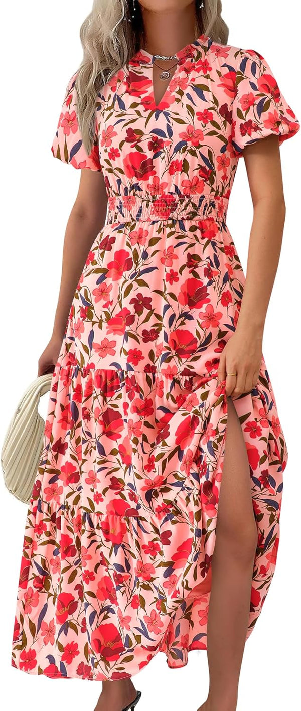 MASCOMODA Summer Maxi Dresses for Women 2026 Short Sleeve Long Floral Dress