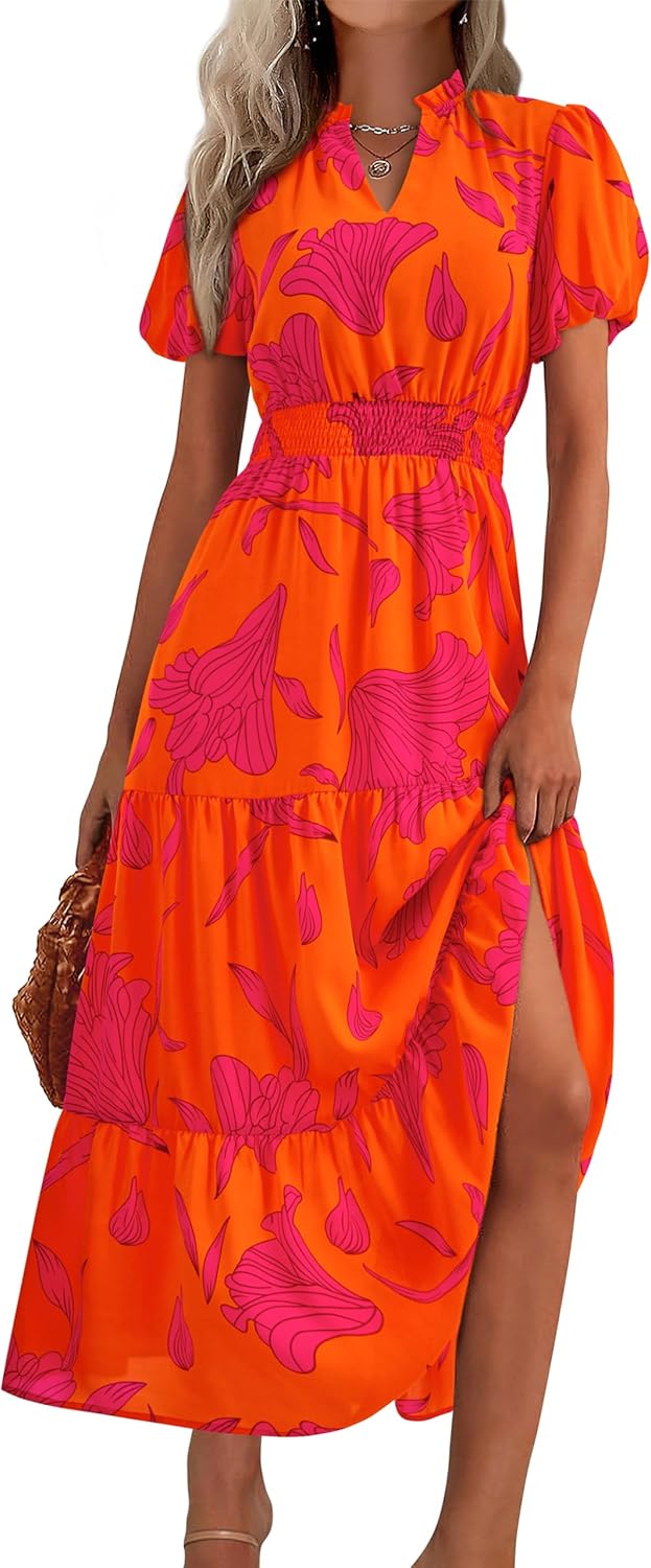 MASCOMODA Summer Maxi Dresses for Women 2026 Short Sleeve Long Floral Dress