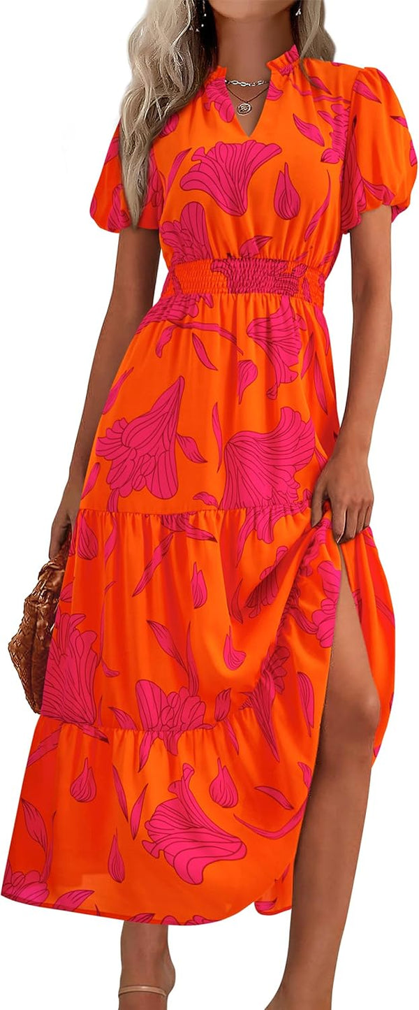 MASCOMODA Summer Maxi Dresses for Women 2026 Short Sleeve Long Floral Dress