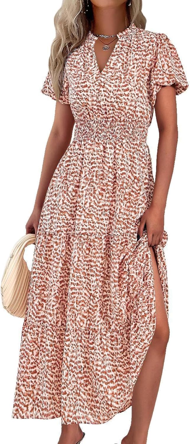 MASCOMODA Summer Maxi Dresses for Women 2026 Short Sleeve Long Floral Dress