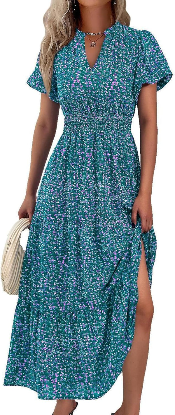 MASCOMODA Summer Maxi Dresses for Women 2026 Short Sleeve Long Floral Dress