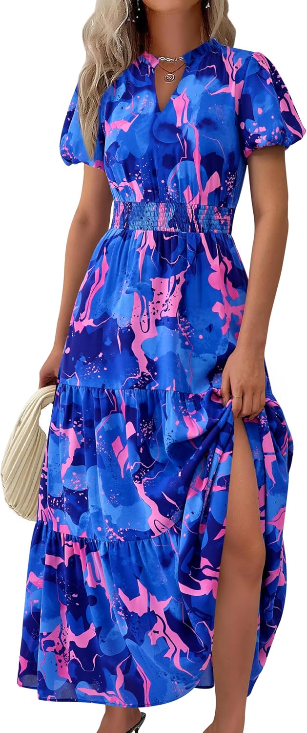 MASCOMODA Summer Maxi Dresses for Women 2026 Short Sleeve Long Floral Dress