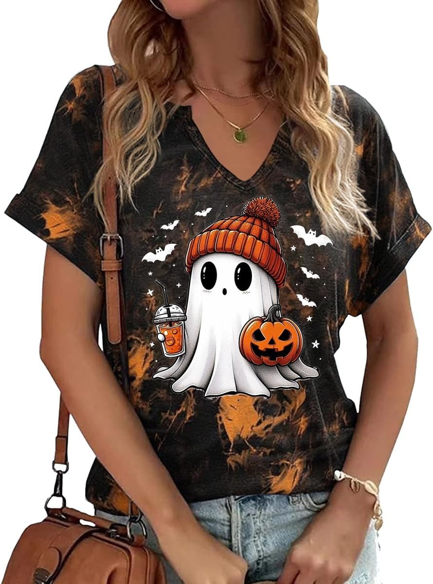 Earlymemb Women Fall Halloween Doodles V Neck Shirt Thanksgiving Casual Tee