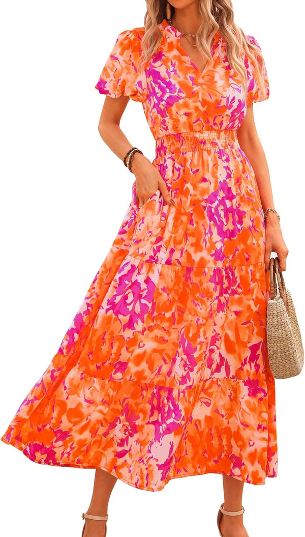 MASCOMODA Summer Maxi Dresses for Women 2026 Short Sleeve Long Floral Dress