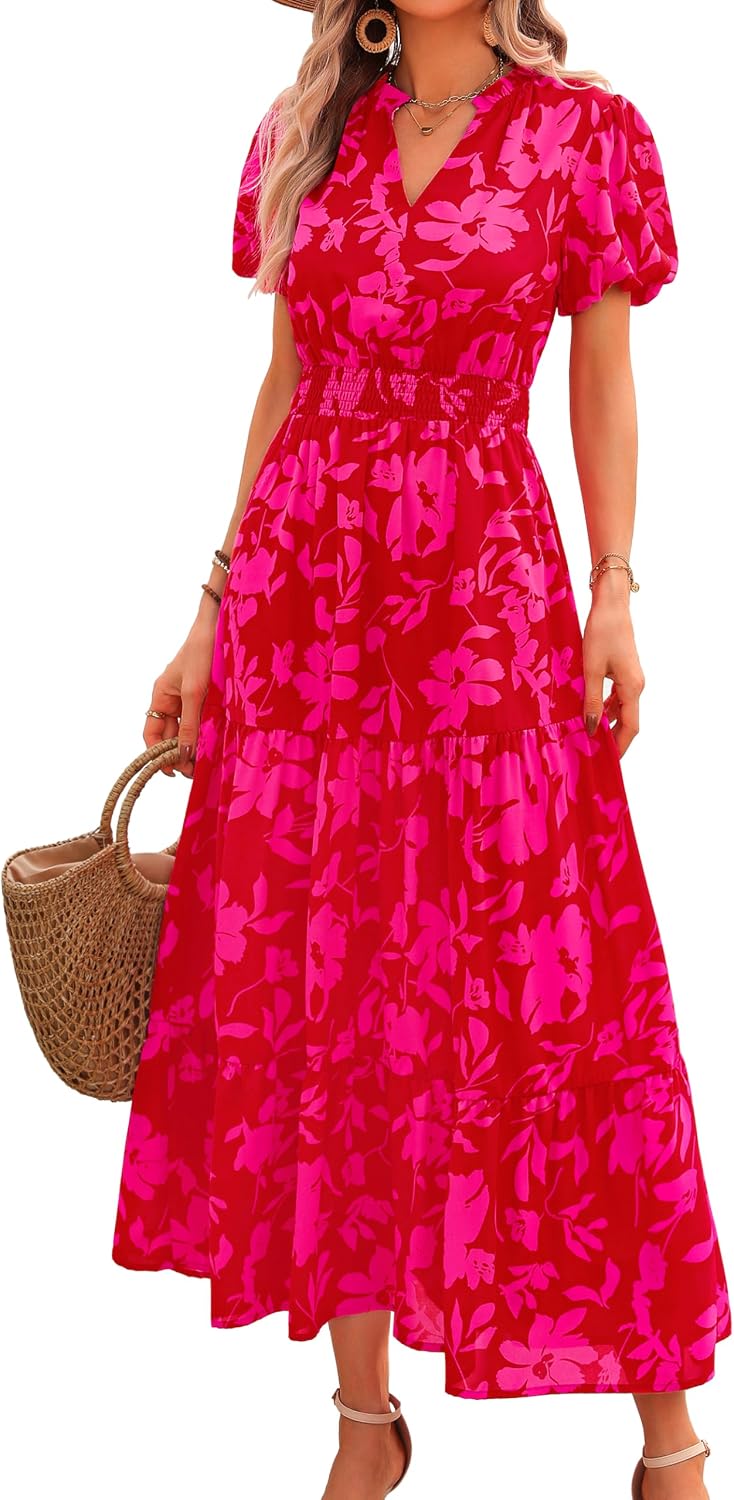 MASCOMODA Summer Maxi Dresses for Women 2026 Short Sleeve Long Floral Dress