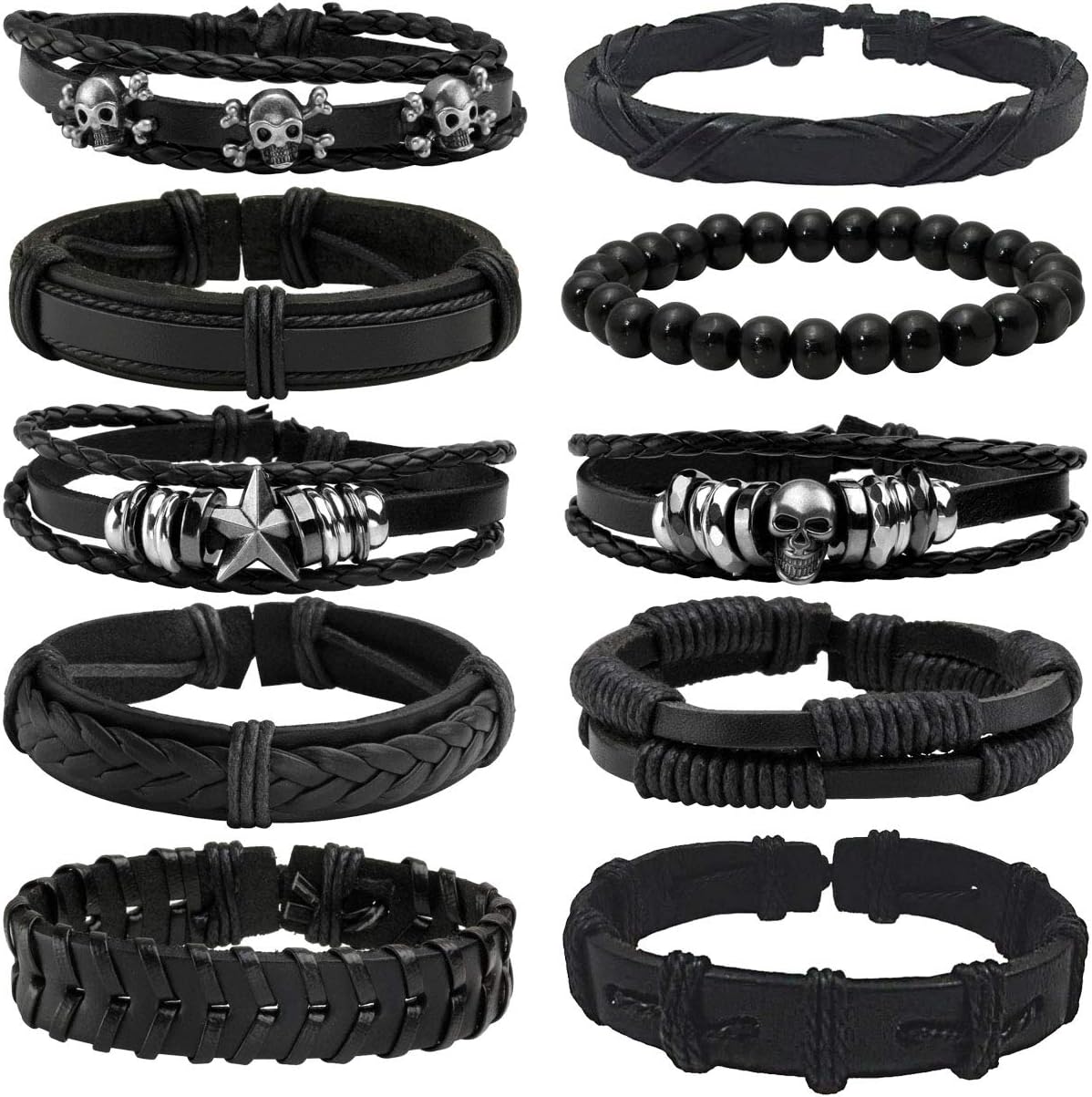 6-12PCS Braided Faux Leather Bracelet Punk Cuff Wrap Bracelets for Men Women Adjustable