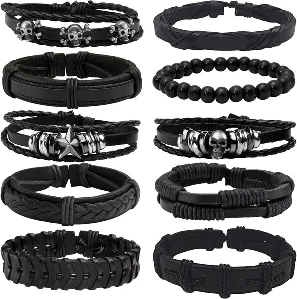 6-12PCS Braided Faux Leather Bracelet Punk Cuff Wrap Bracelets for Men Women Adjustable