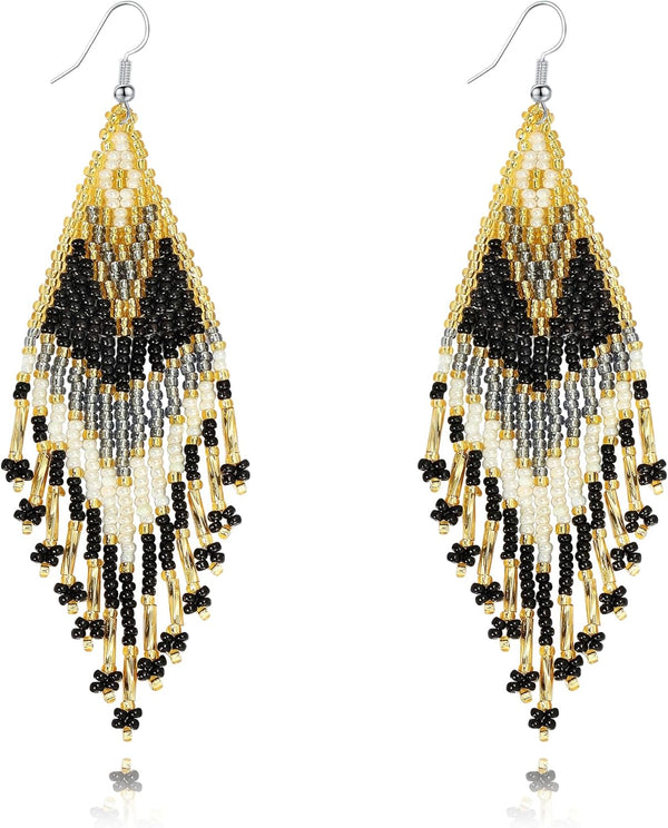 Long Beaded Tassel Boho Statement Earrings
