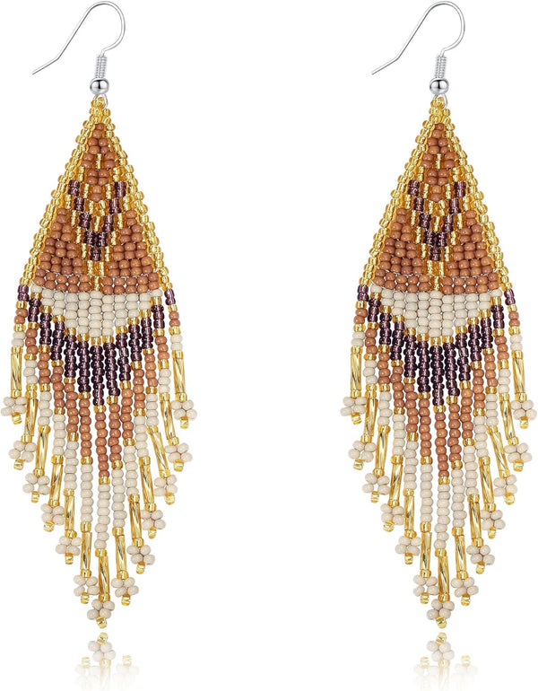 Long Beaded Tassel Boho Statement Earrings
