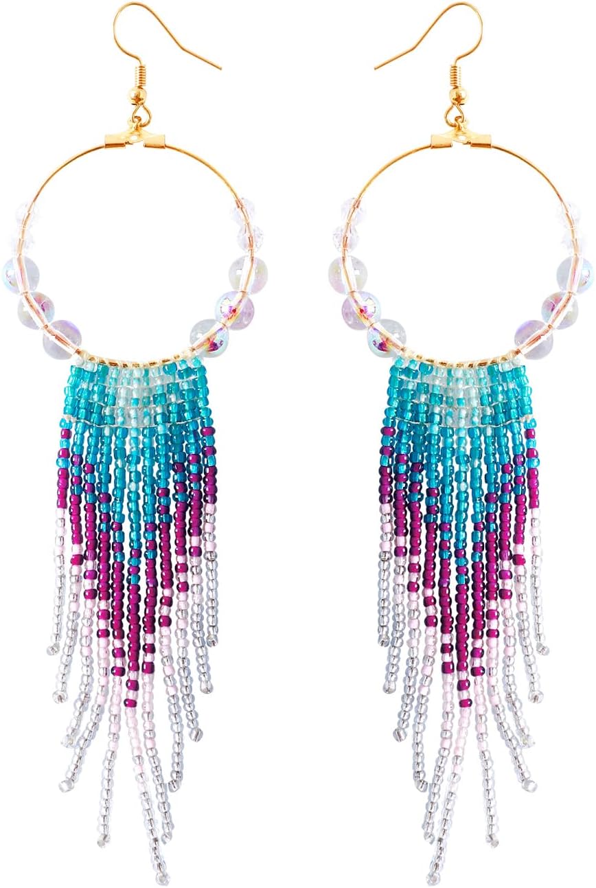 Long Beaded Tassel Boho Statement Earrings