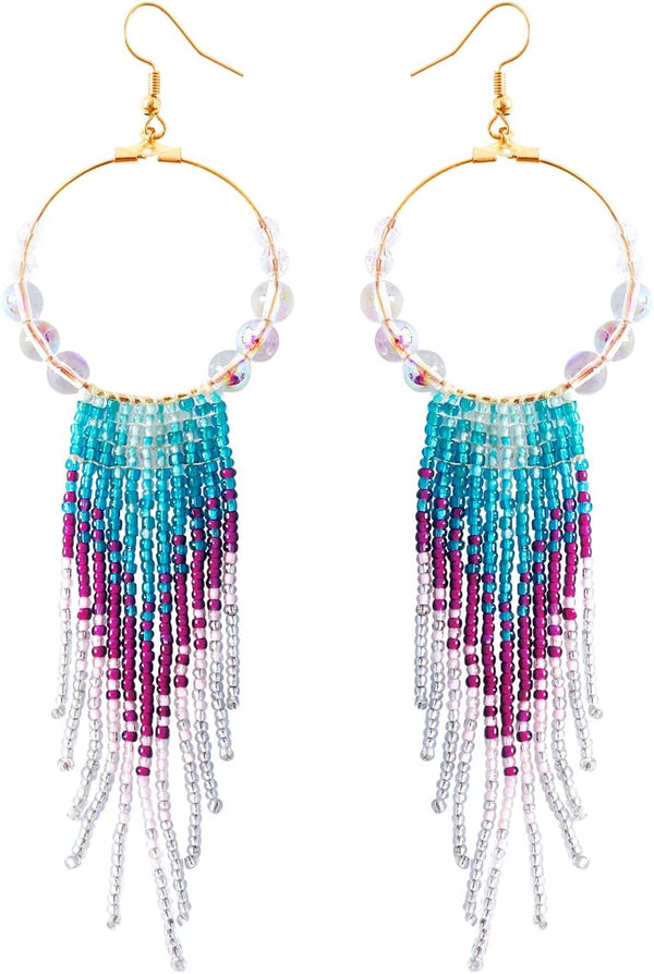 Long Beaded Tassel Boho Statement Earrings