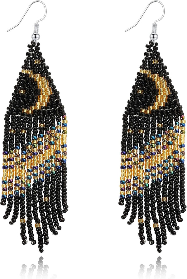 Long Beaded Tassel Boho Statement Earrings