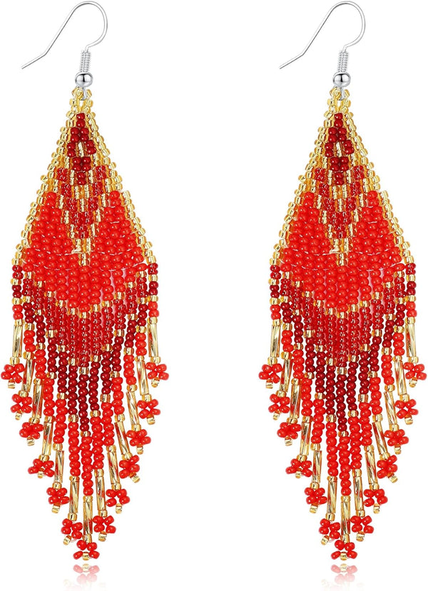 Long Beaded Tassel Boho Statement Earrings
