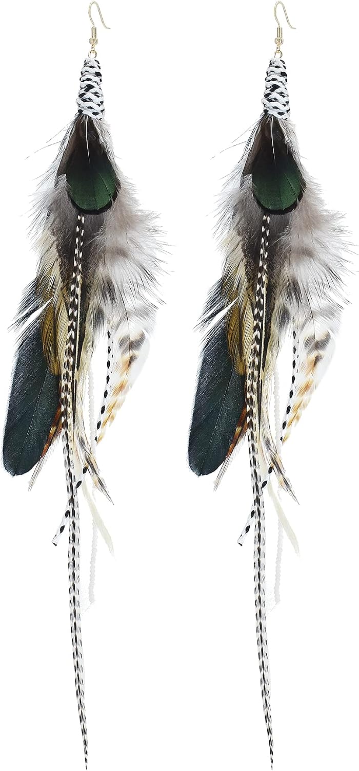 Punk Vintage Long Tassel Feather Beads Drop Wolf Tooth Pendant Earring Fish Hook Earrings Suitable to Wear At All Times