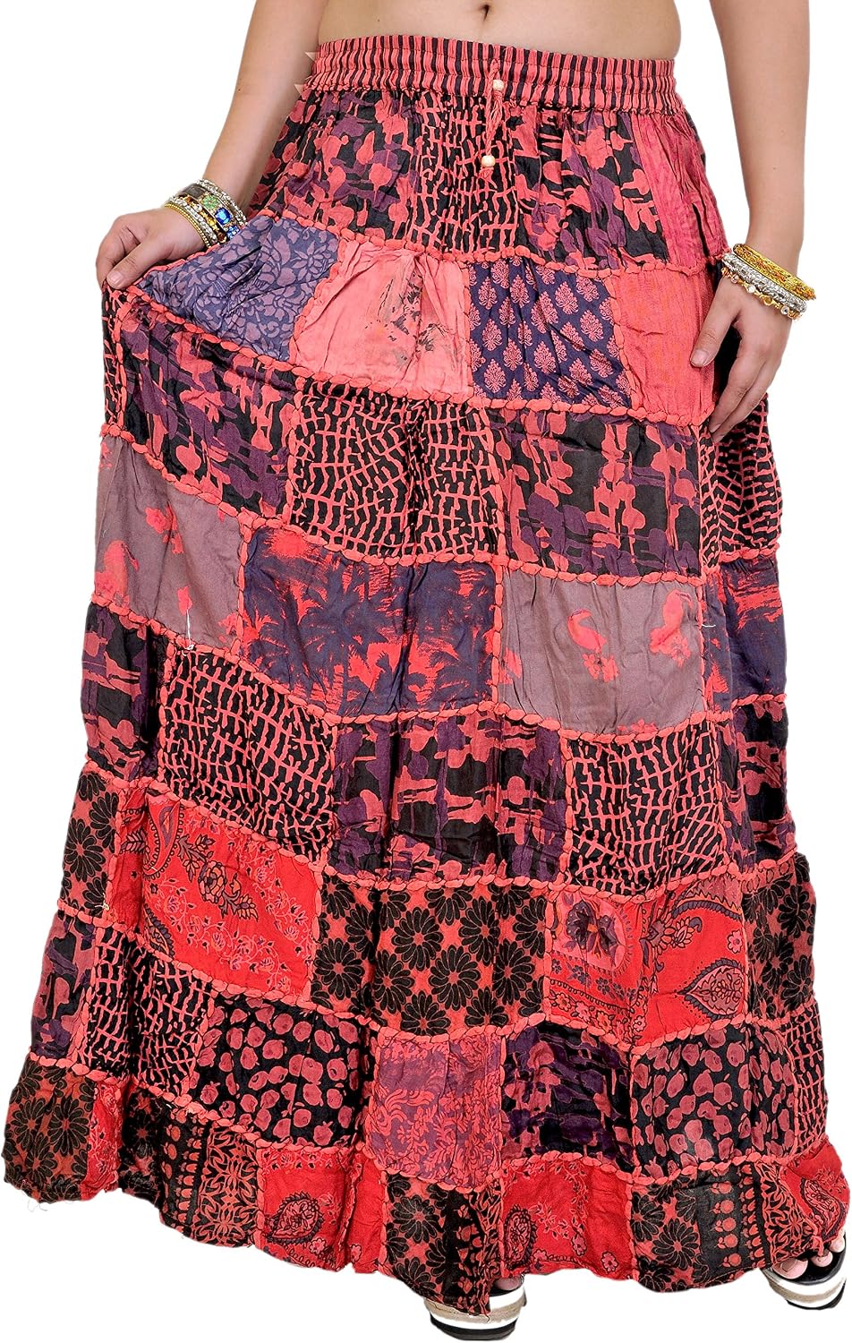 Exotic India Long Printed Dori Skirt from Gujarat with Patch Work - Rayon