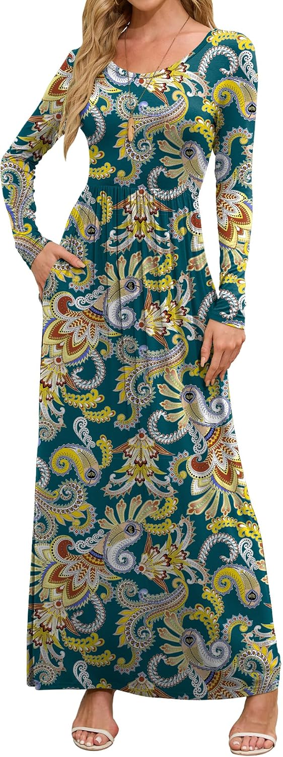 DEARCASE Women's Maxi Dress Long Sleeve Crewneck Empire Waist Long Dresses