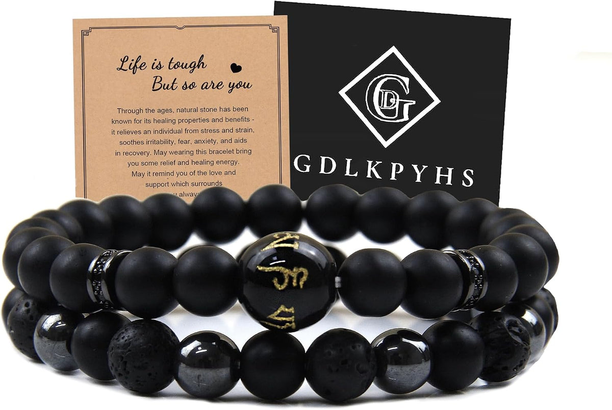Black Obsidian Bracelet for Men - Black Tourmaline Beaded Bracelets - Mens Bracelet Set 8MM Black Onyx Hematite Lava Stone Beads Triple Protection Bracelet for Men Women Gifts