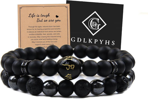 Black Obsidian Bracelet for Men - Black Tourmaline Beaded Bracelets - Mens Bracelet Set 8MM Black Onyx Hematite Lava Stone Beads Triple Protection Bracelet for Men Women Gifts