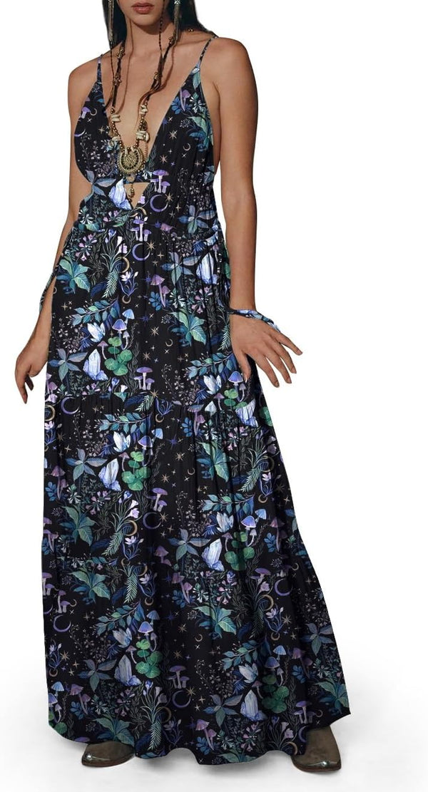 Womens Summer Sun Dresses Mystical Gothic Maxi Dress Casual Floral Witch Dress Date Dress Halloween Outfits