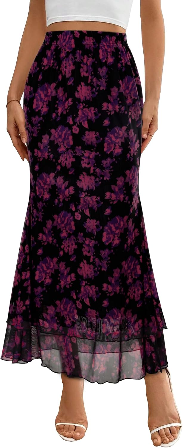 Women Maxi Skirt Flowy Elastic High Waisted Leopard Print Skirts