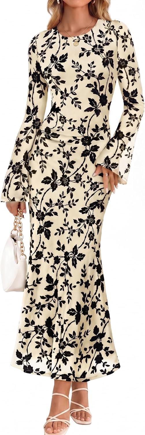 ZESICA Womens Long Sleeve Floral Fall Bodycon Ruched Mesh Maxi Formal Dress