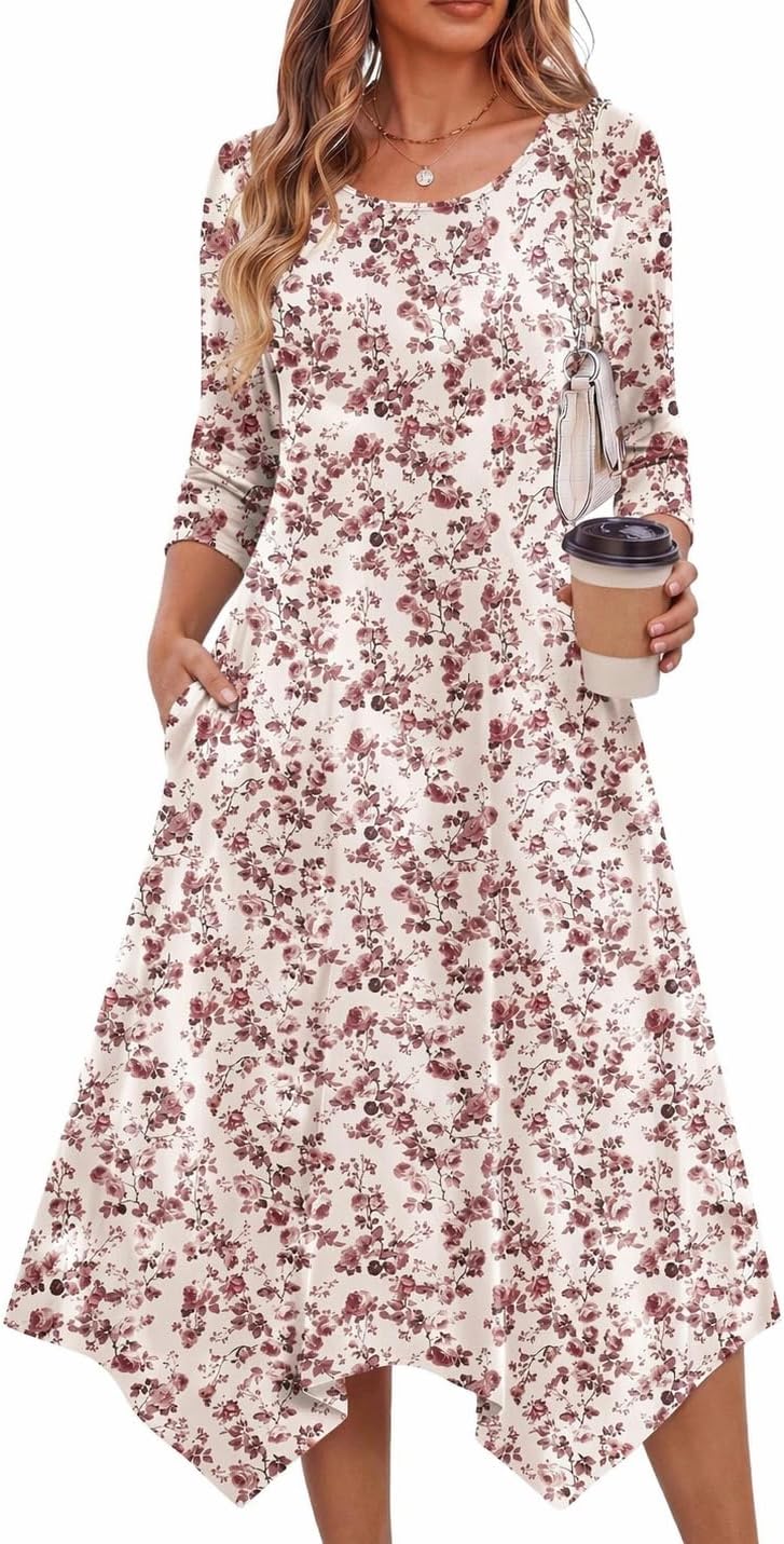 Zeagoo Midi Dresses Women 2026 Dress 3/4 Sleeve A Line Casual Dresses with Pockets