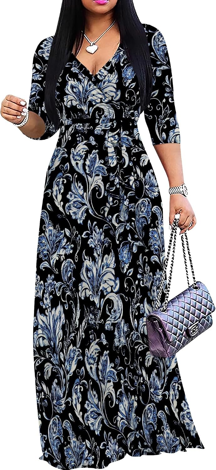 PinkPatty Women's Plus Size V Neck 3/4 Sleeve Boho Maxi Dress with Pockets