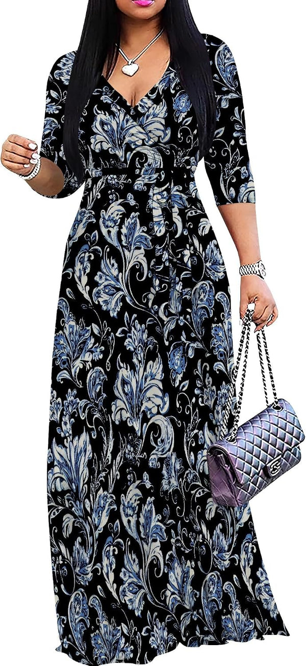 PinkPatty Women's Plus Size V Neck 3/4 Sleeve Boho Maxi Dress with Pockets