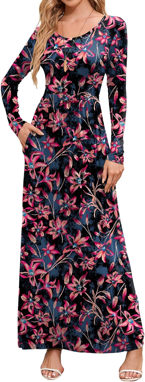 DEARCASE Women's Maxi Dress Long Sleeve Crewneck Empire Waist Long Dresses